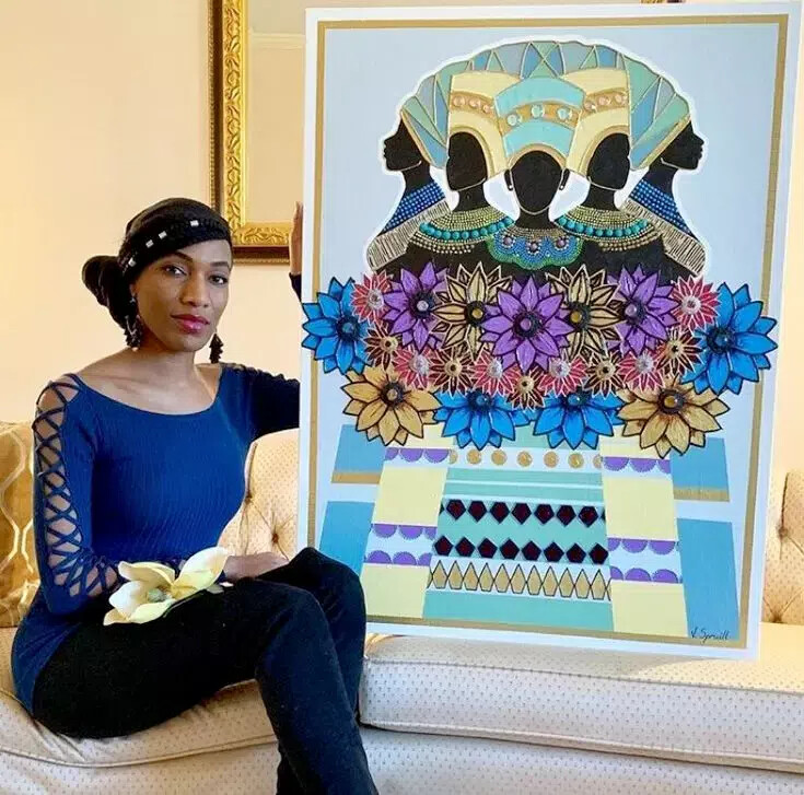 veronica spruill with artwork of women with flowers