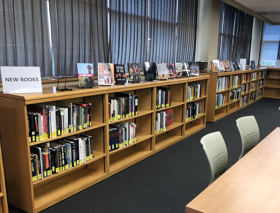 bookshelves with books at Holocaust Institute