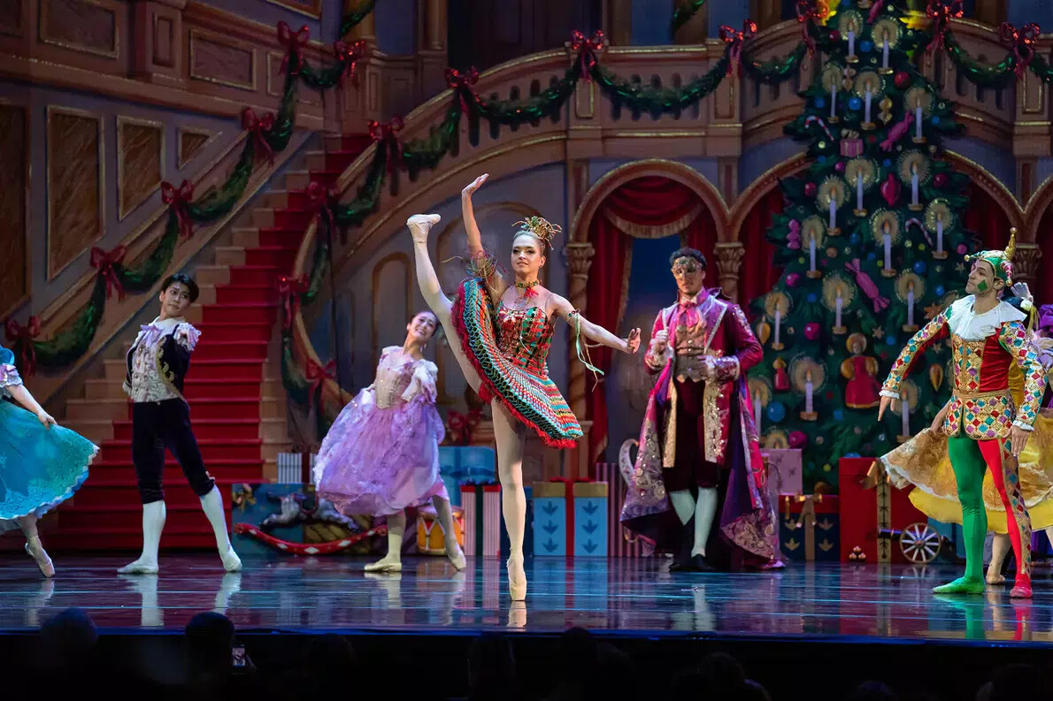 nutcracker dancers with dancer's leg in air