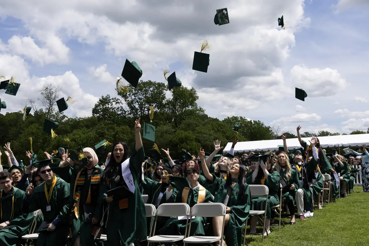 graduates throwing caps in air