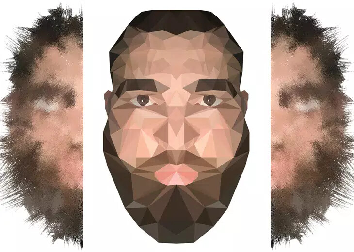 3 images showing whole and halves of bearded man's head