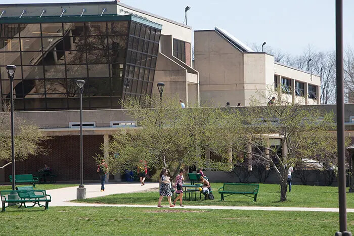 people walking outside near cafeteria