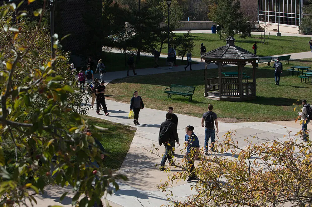 overhead view of students walking outside college