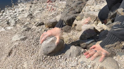 hands and shells in sand artwork