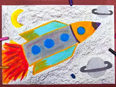 children's drawing of rocket in space